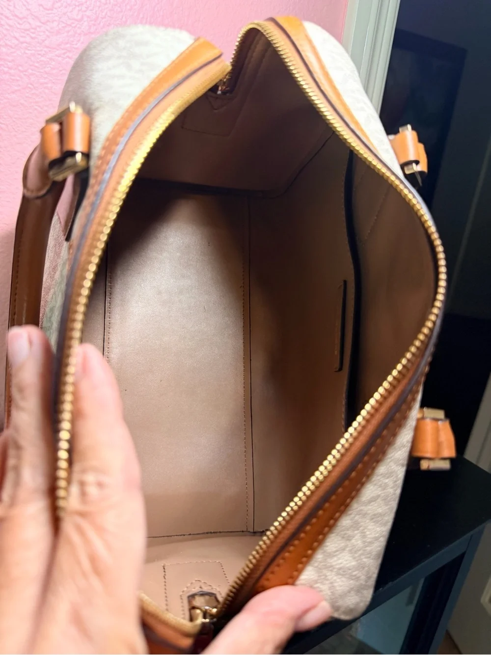 Michael Kors Hayes Duffle Satchel with Tan Trim